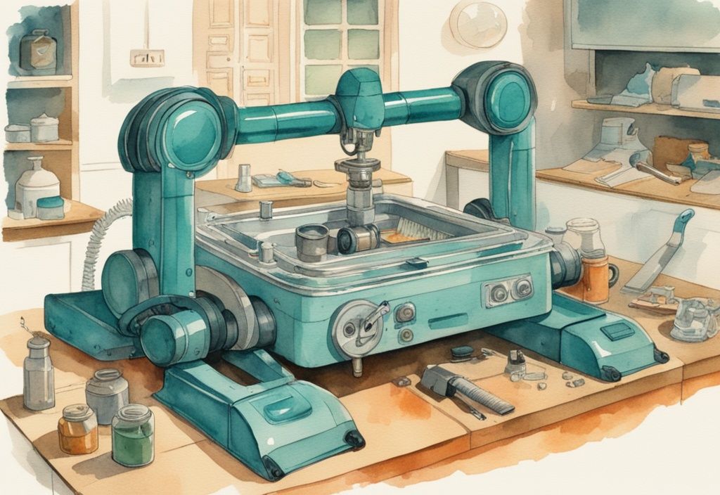 Vintage-Aquarell-Illustration eines geöffneten Zodiac-Poolreinigungsroboters mit verstreuten Teilen und Werkzeugen auf einem Tisch, Reparaturprozess, Hauptfarbthema Teal