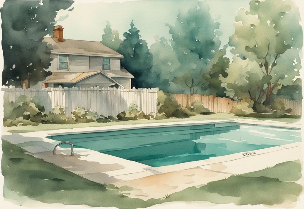 Vintage-Aquarell-Illustration eines Hinterhof-Swimmingpools in Teal-Farbtönen, Pool verliert Wasser, Wasserstand gesunken.