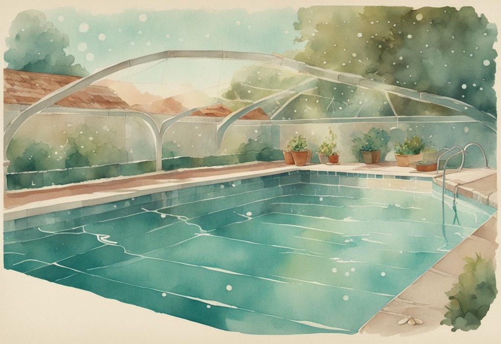 Vintage Aquarellillustration eines Pools mit Abdeckung, die Vorteile wie reduzierte Verdunstung, weniger Chemikalien und Sicherheit für Kinder und Haustiere zeigt. Warum sollte man den Pool abdecken?