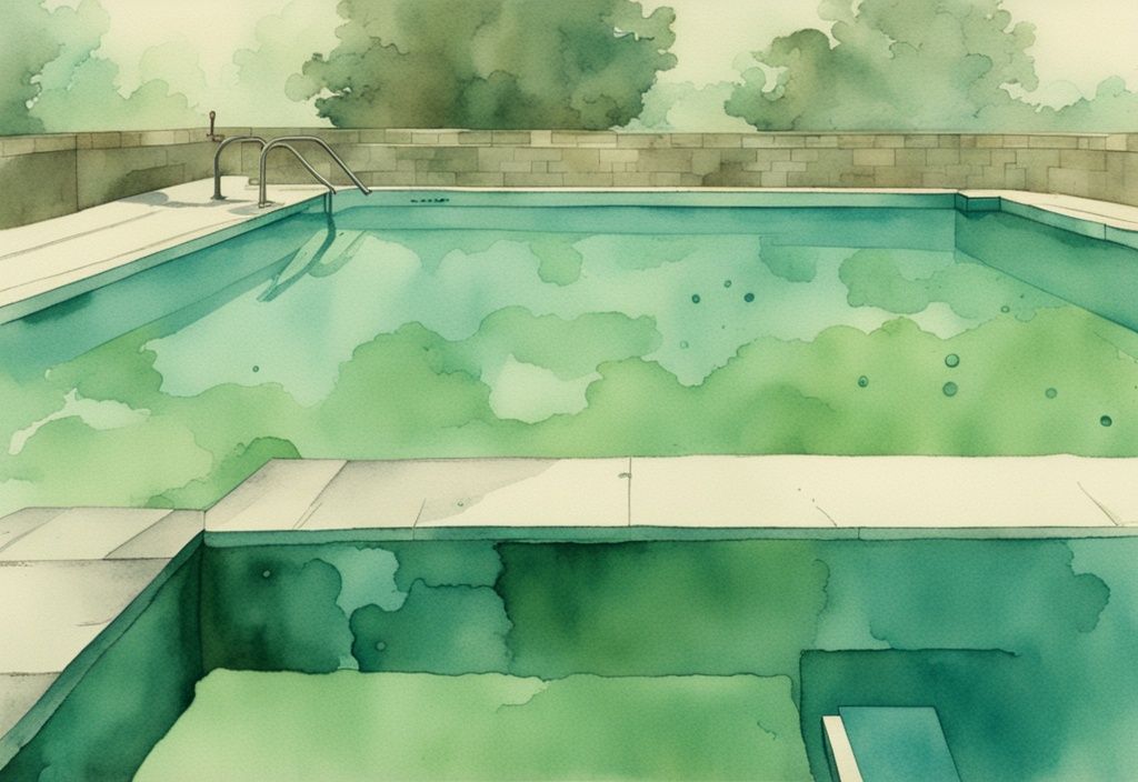 Vintage Aquarellillustration eines Schwimmbeckens mit Pool grüne Ablagerungen am Boden in Teal-Farbtönen.