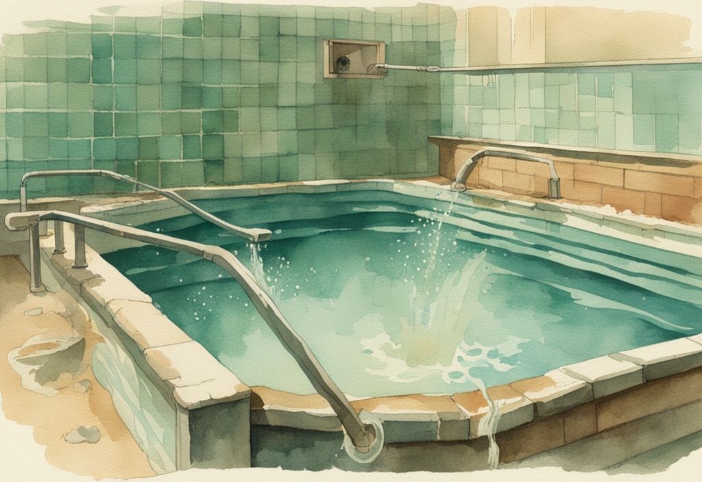 Vintage Aquarellillustration eines Pools während des Rückspülens, schmutziges Wasser wird aus dem Pool entfernt, Pool rückspülen wohin mit Wasser.