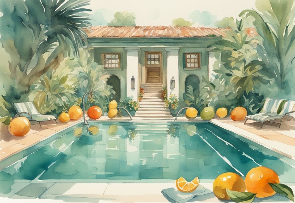 Vintage-Aquarell-Illustration eines luxuriösen Außenpools mit klarem, funkelndem Wasser, umgeben von üppigem Grün und übergroßen Zitrusfrüchten, symbolisierend Vitamin C Pool.