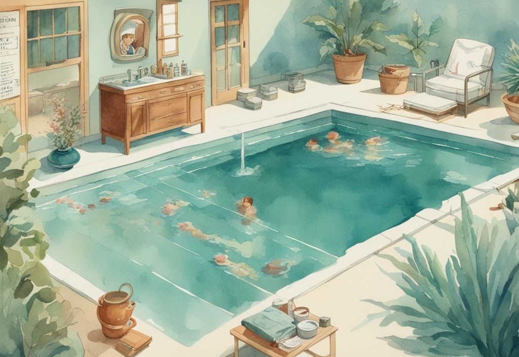 Vintage Aquarell-Illustration mit Hausmitteln zur Senkung von Chlor im Pool, um einen kristallklaren Pool angeordnet, mit schwimmenden Chlor-Teststreifen.