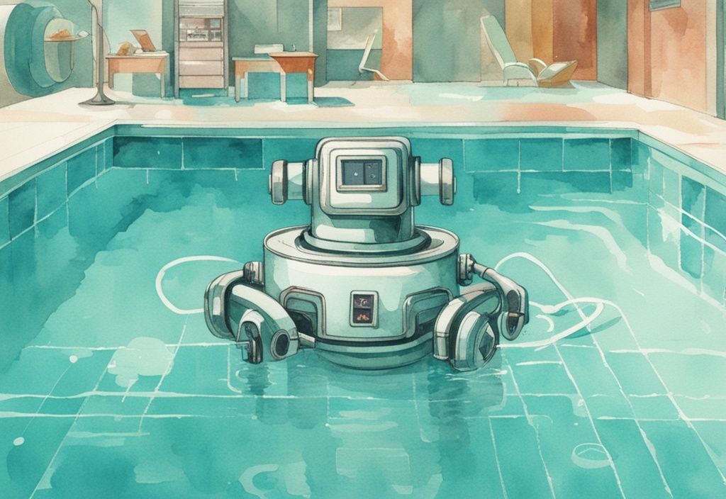 Vintage Aquarell-Illustration eines automatisierten Poolroboters in einem funkelnd sauberen Schwimmbecken mit Preisangaben zu verschiedenen Funktionen des Roboters, was kostet ein Poolroboter.