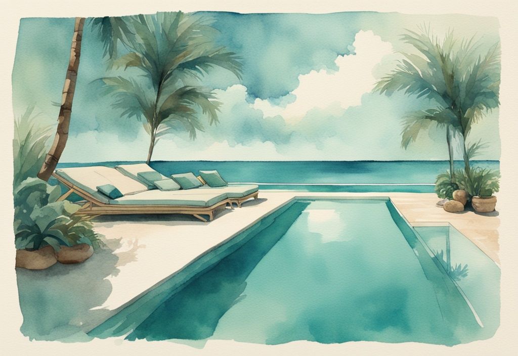 Vintage-Aquarell-Illustration eines luxuriösen Infinity Pools, der nahtlos mit dem azurblauen Ozean unter einem tropischen Himmel verschmilzt. Was ist ein Infinity Pool?