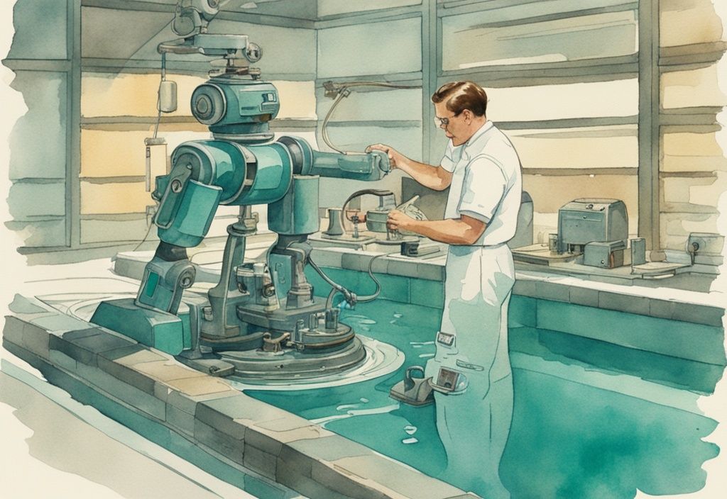 Vintage Aquarell-Illustration eines Technikers, der geschickt an den inneren Mechanismen eines Poolroboters arbeitet, Hauptfarbthema ist Türkis.