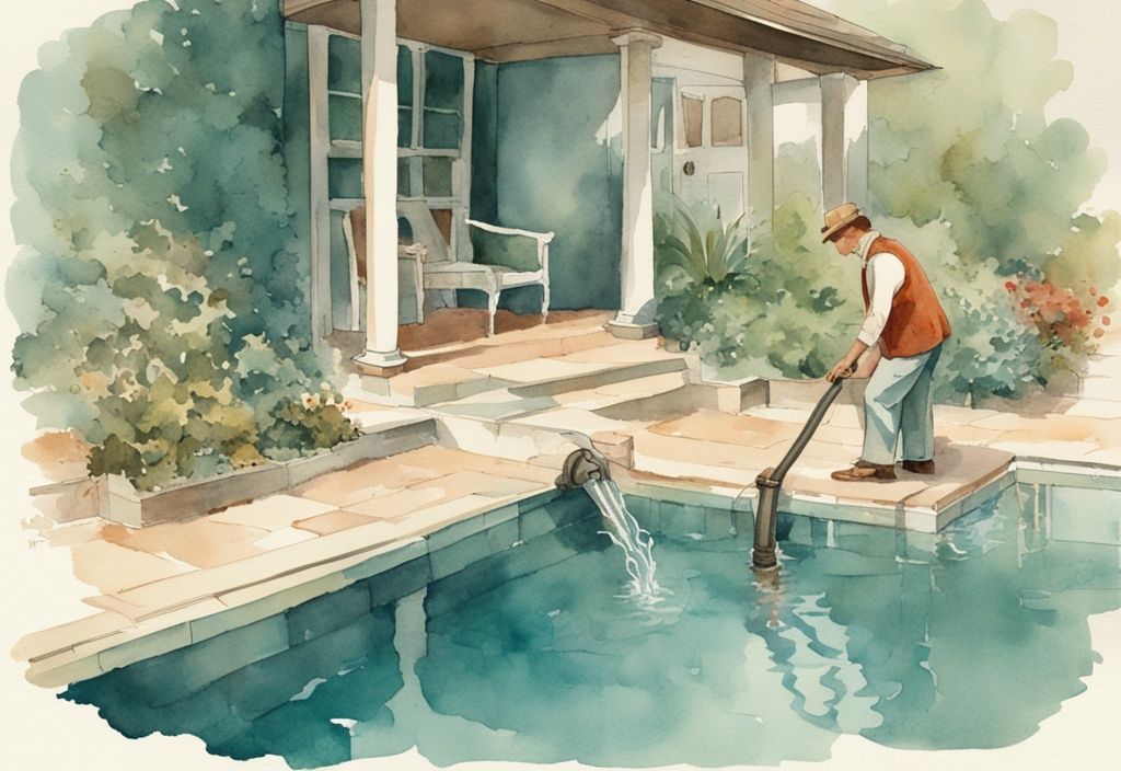 Vintage Aquarellillustration: Person in Freizeitkleidung nutzt Tauchpumpe, um Restwasser aus Pool zu entfernen, Hauptfarbe Türkis.