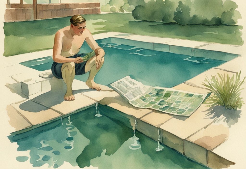 Vintage Aquarell-Illustration eines mit grünlichen Algen befallenen Schwimmbeckens, besorgter Poolbesitzer studiert ein Faltblatt mit dem Titel 'Gefahren von Poolalgen