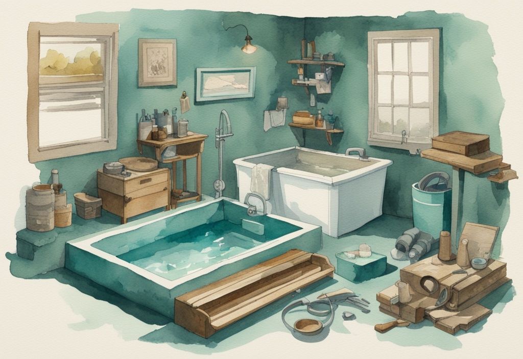 Vintage Aquarell-Illustration mit Werkzeugen und Materialien, die den Bauprozess eines teilweise fertiggestellten Jacuzzis zeigen – Jacuzzi selber bauen.