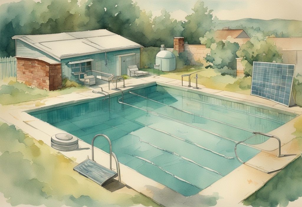 Vintage-Aquarell-Illustration in Türkis zeigt verschiedene Methoden, einen Pool ohne Strom zu erwärmen, einschließlich Solarpanels, Solarabdeckungen, Erdgasheizungen und Wärmepumpen.