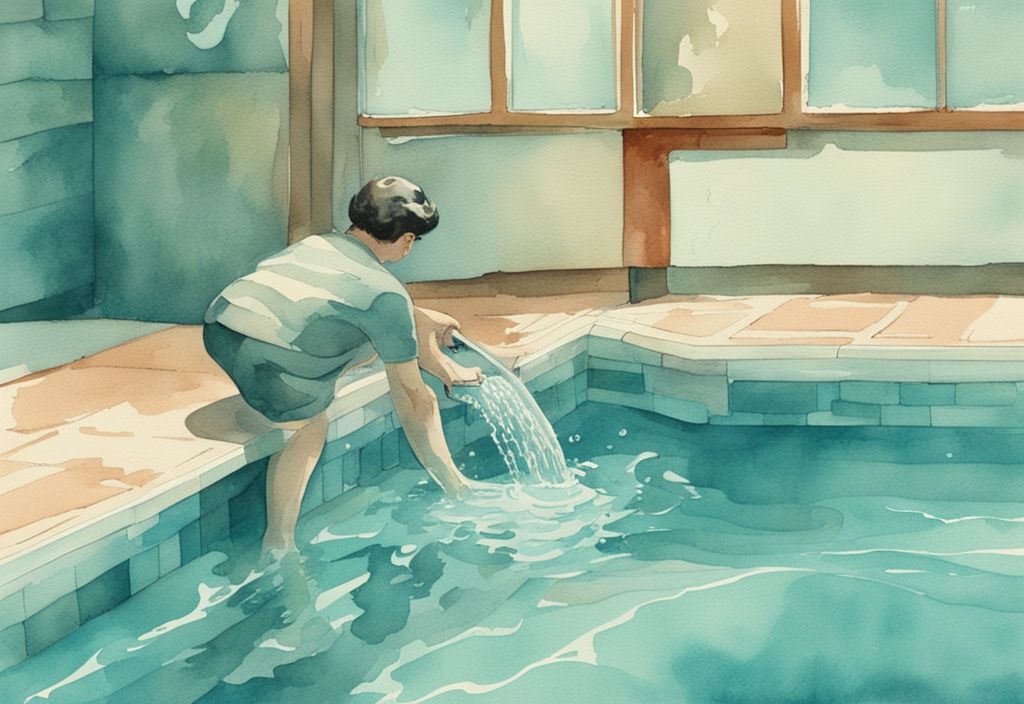 Vintage-Aquarellillustration einer Person, die den Hebel des Bodenablaufs eines Schwimmbeckens betätigt, mit sichtbaren Anzeichen von abfließendem Wasser, Hauptfarbthema: Türkis. Keyword: Pool entleeren über Bodenablauf.