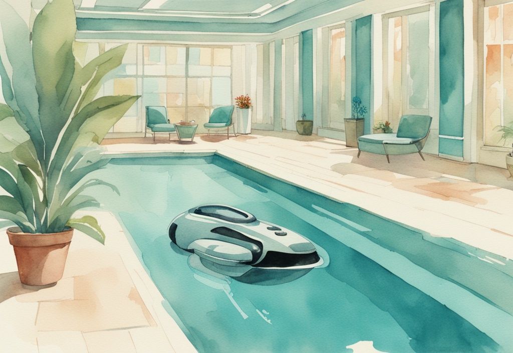 Vintage Aquarell-Illustration eines modernen Poolroboters in einem sauberen, blauen Pool mit Teal-Farbschema.