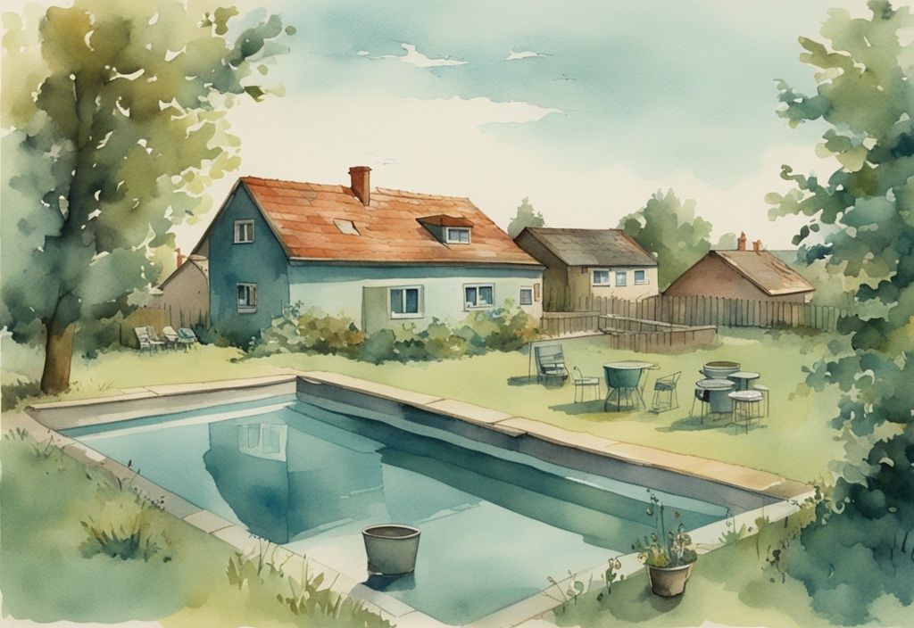 Vintage Aquarellillustration, umweltfreundliches Poolwasser entsorgen Niedersachsen, Wohnhof mit typischer Landschaft im Hintergrund