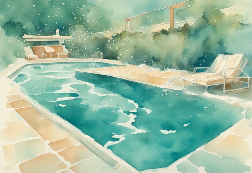 Vintage Aquarellillustration eines Pools mit schäumendem Poolwasser in leuchtendem Blau und Teal.