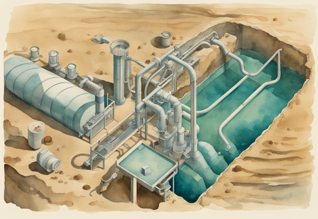 Vintage Aquarell-Illustration eines Sandfiltersystems mit Teal-Farbschema und Filterbällen im Sand.