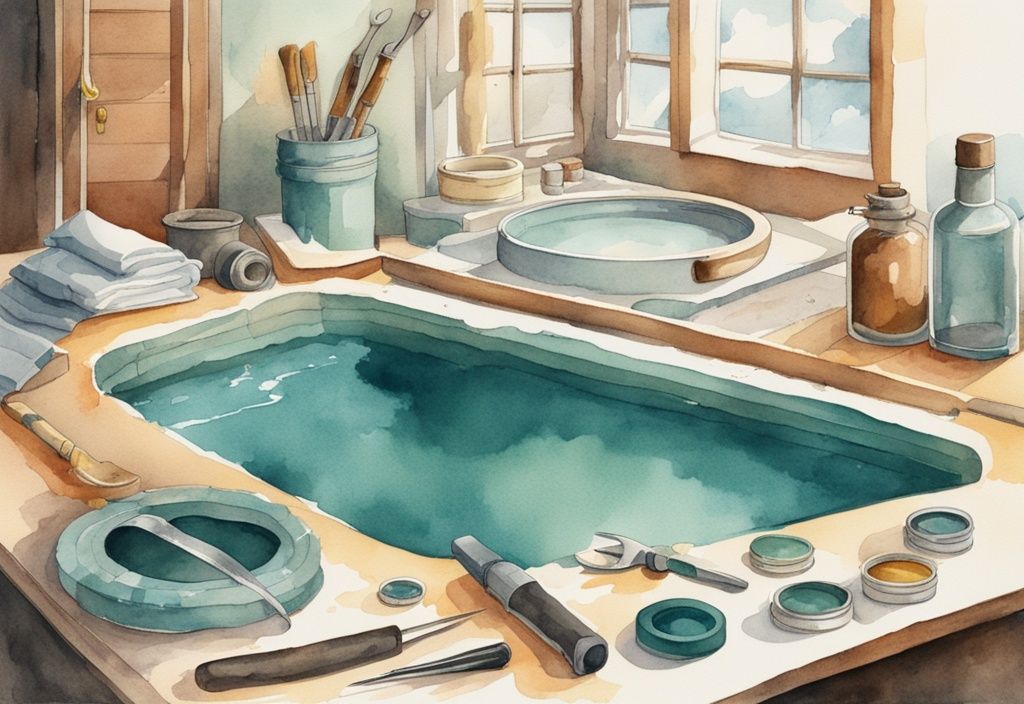 Vintage Aquarell-Illustration von Werkzeugen und Materialien zum Jacuzzi selber bauen, mit einem teilweise konstruierten Jacuzzi und dem Hauptfarbthema Teal.