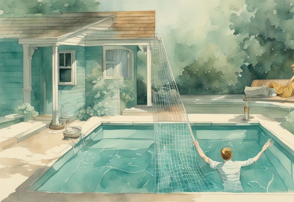 Vintage-Aquarell-Illustration in Teal: Pool-Ablagerungen am Boden entfernen mit einem Poolsauger-Netz in einem klaren, funkelnden Schwimmbecken.