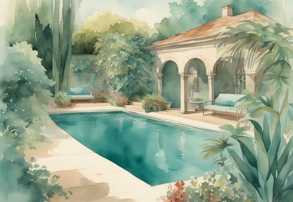 Vintage-Aquarell-Illustration eines schönen Pools, umgeben von hohen, üppigen Pool-Sichtschutz Pflanzen in Teal-Tönen.