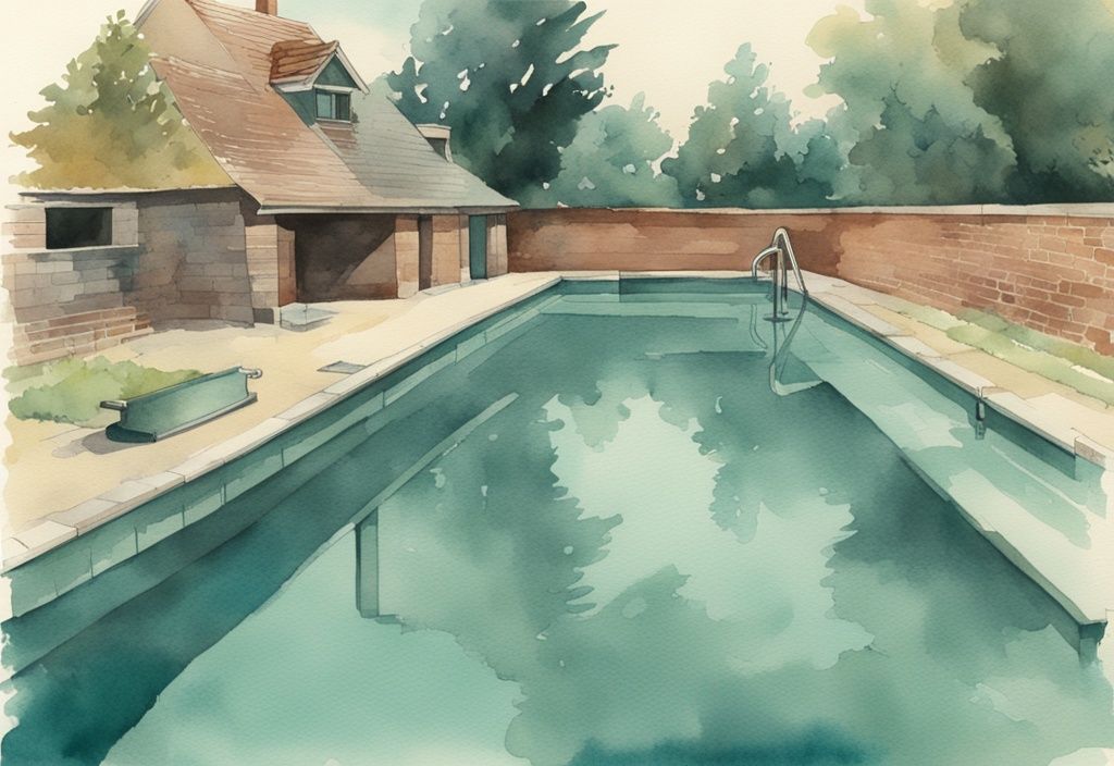 Vintage Aquarell-Illustration eines Wohnpools in Nordrhein-Westfalen (NRW), Deutschland, der verantwortungsvoll in das kommunale Wassersystem abgelassen wird, Hauptfarbthema Teal