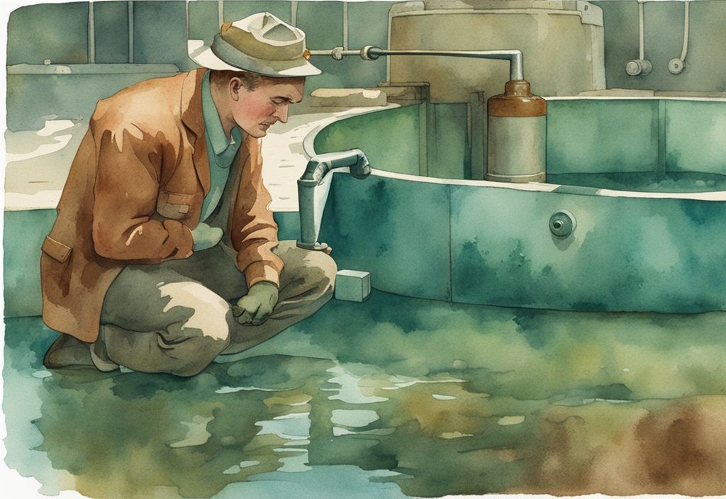 Vintage-Aquarell-Illustration einer besorgten Person, die grünes Wasser und verrostete Poolausrüstung untersucht, symbolisiert Elektrolyse-Pool-Nachteile.