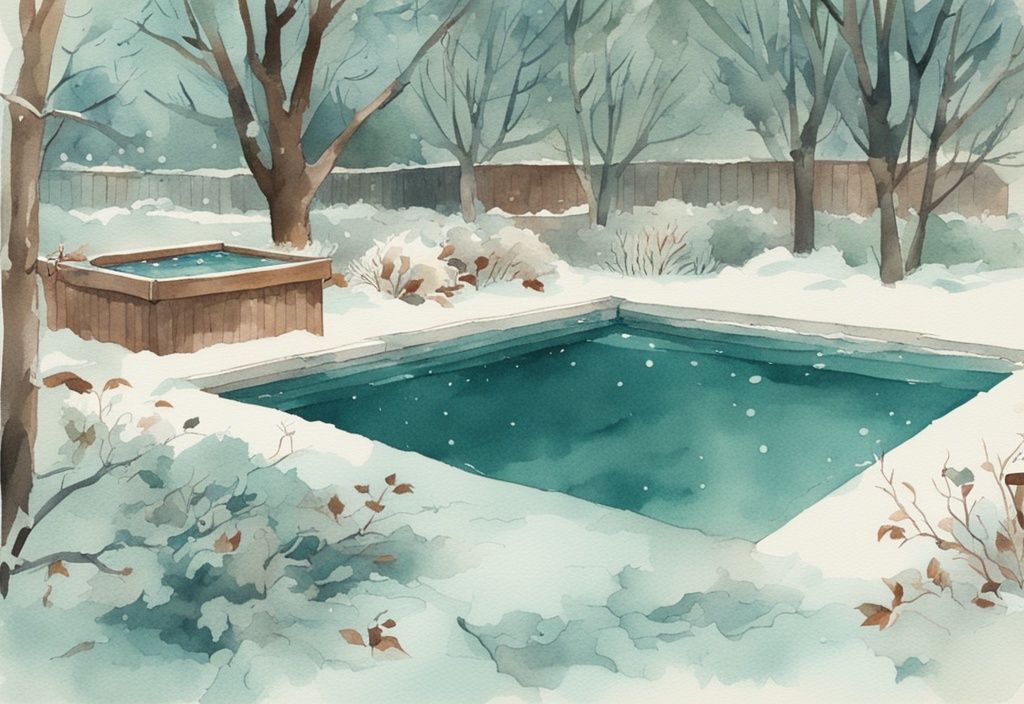 Vintage Aquarellillustration eines Pools mit winterfester Abdeckung, verstreuten Blättern und winterlicher Kulisse in Türkis.