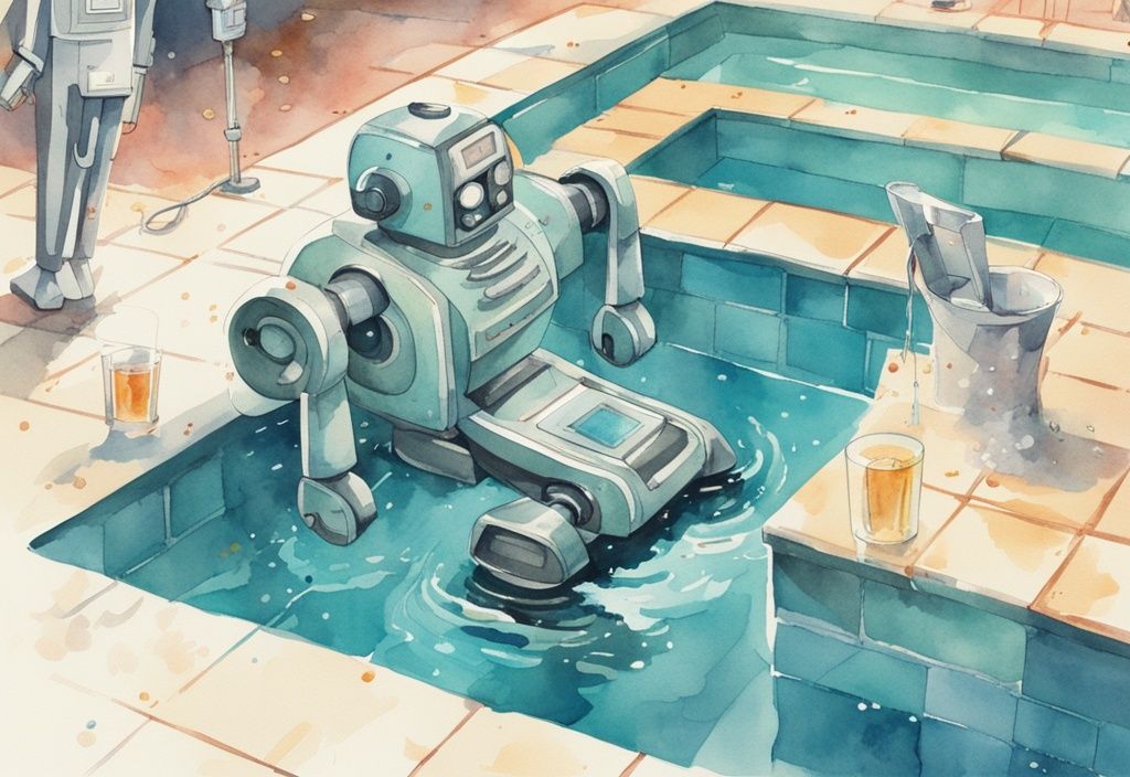 Vintage Aquarellillustration eines Poolroboters, der als Testsieger Wand und Boden eines funkelnden Pools reinigt.