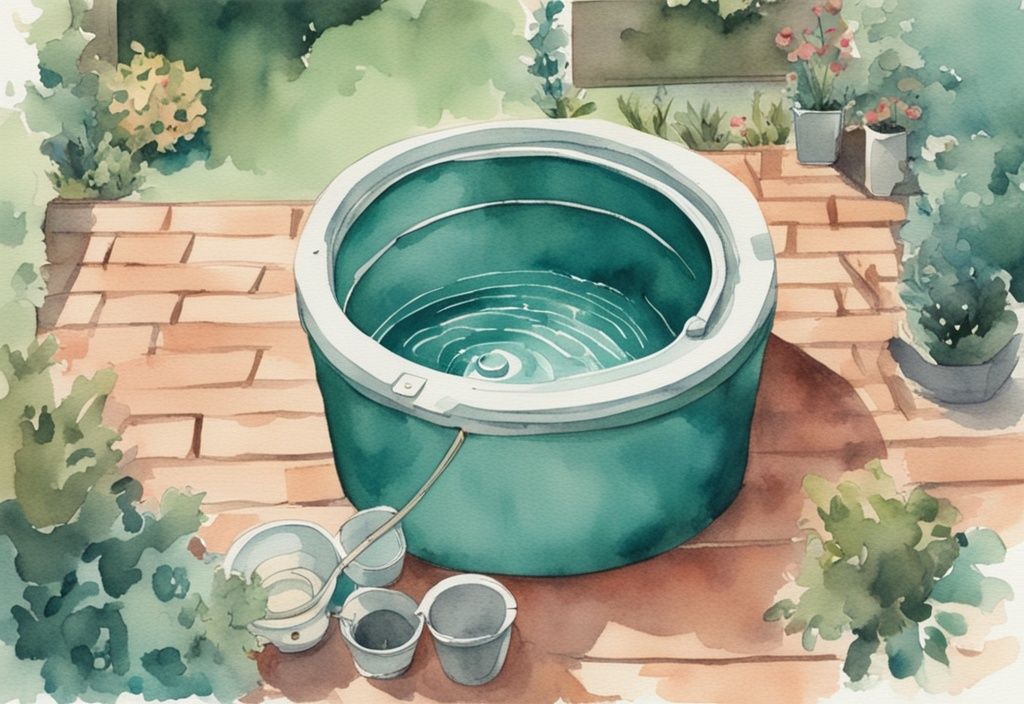 Vintage-Aquarellillustration in Teal, zeigt Hände, die letzte Handgriffe an einem selbstgebauten Whirlpool im Garten vornehmen – Whirlpool selber bauen.