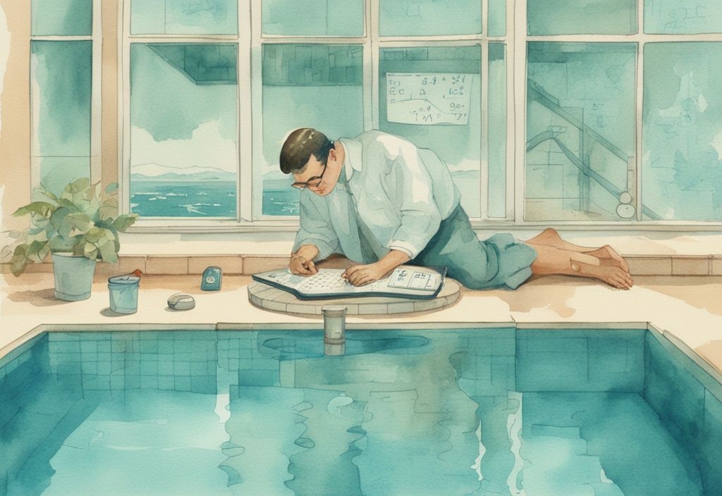 Vintage Aquarellillustration einer Person mit Taschenrechner neben einem runden Swimmingpool, mit Messungen und mathematischen Gleichungen in der Luft über dem Pool, Hauptfarbthema Teal.