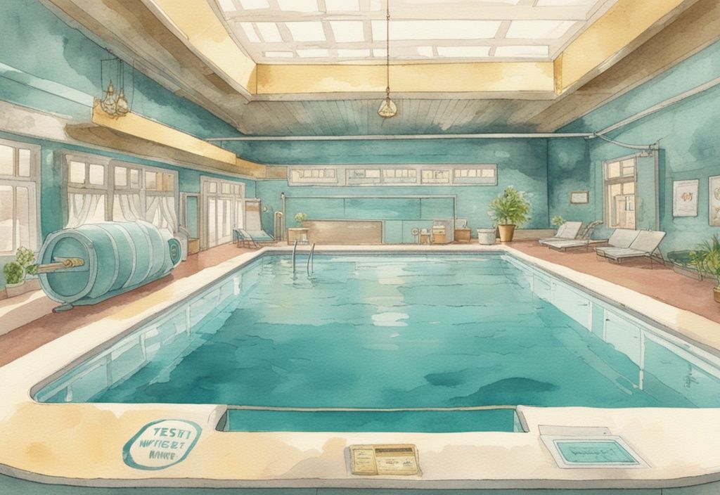 Vintage Aquarell-Illustration eines Full-Inverter Pool-Wärmepumpen mit Goldmedaille und hervorgehobenem Text "Testsieger" in Teal-Farben.