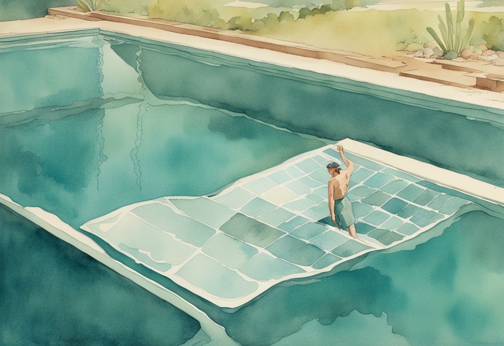 Vintage Aquarell-Illustration eines Pools mit halb ausgerollter transparenter Solarabdeckung und einer Person, die diese positioniert, Hauptfarbthema ist Türkis.