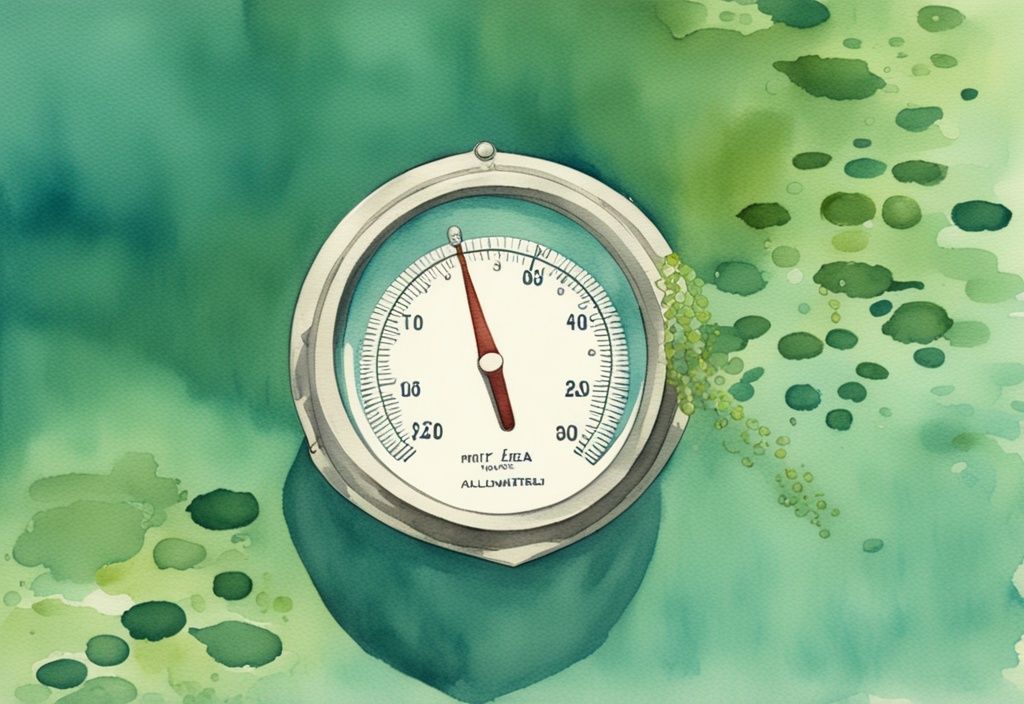 Vintage Aquarell Illustration eines Poolthermometers in einem leicht grünlichen Pool mit Algenbildung am Rand, Hauptfarbton Türkis.