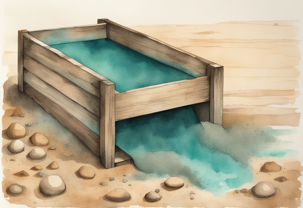 Vintage Aquarell-Illustration einer Box für Sandfilteranlage selber bauen, aus Holzplanken mit Schichten aus Sand, Kies und Holzkohle.