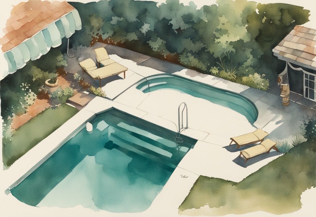 Vintage-Aquarell-Illustration eines Pools im Hinterhof, Teal-Farbschema, Überkopfansicht, weiße Verfärbung durch Algen