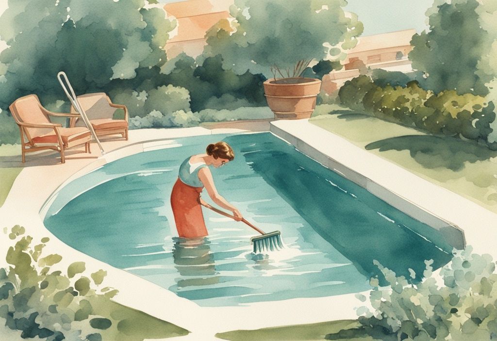 Vintage-Aquarellillustration einer Person mit langem Poolbürstenstiel, die den Poolauskleidung reinigt, während Wasser vorhanden ist, Hauptfarbthema Teal